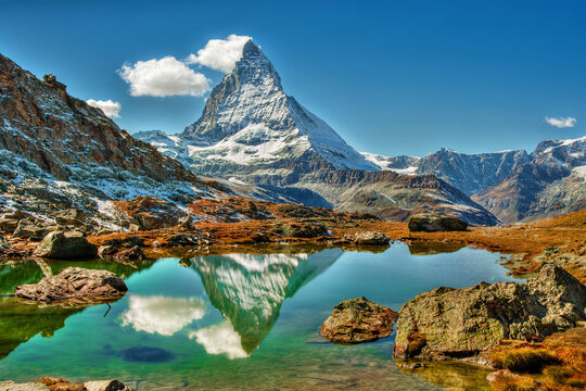 Matterhorn mountain reflected in an alpine lake, Zermatt, Wallis, Switzerland