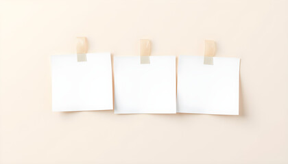 Three blank sticky notes taped in a row on a light peach wall, ready for messages