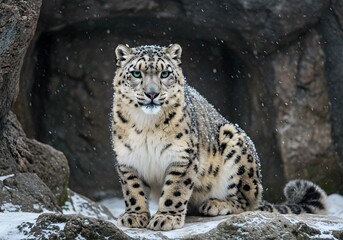 Fototapeta premium Majestic Snow Leopard in Rocky Habitat During Winter Snowfall