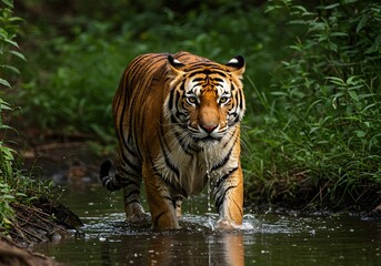 Tiger walking through shallow water, surrounded by dense green vegetation in its natural habitat