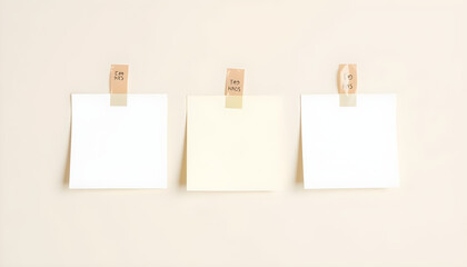 Three blank sticky notes taped to a neutral wall for reminders or workflow organization
