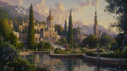 Obraz premium A breathtaking fantasy landscape featuring an ornate palace surrounded by lush gardens and serene water reflections.