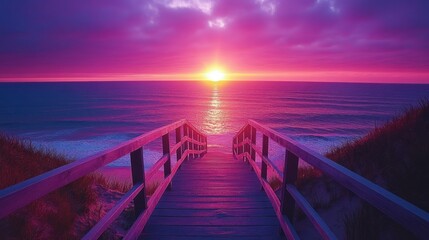 Fototapeta premium Beach sunset boardwalk ocean path vibrant sky