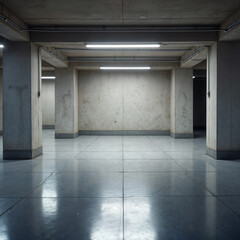 Empty Industrial Basement with Concrete Walls and Fluorescent Lighting