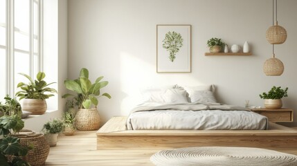 Modern Minimalist Bedroom with Natural Elements and Green Plants