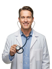 Male healthcare professional with a friendly expression is holding a stethoscope. He is wearing a white coat over a light blue shirt, radiating confidence and approachability