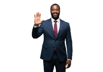 A cheerful businessman dressed in a formal suit and tie raises his hand in a friendly greeting, showcasing a confident demeanor and welcoming expression