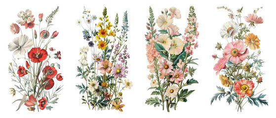 PNG Vintage floral botanical illustration art, element set on transparent background