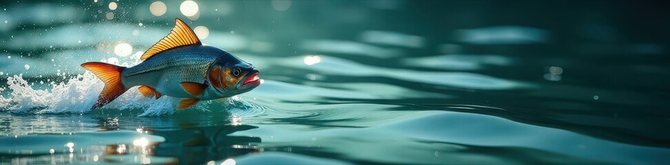 Large fish jumping out of water with ripples on the surface, jump, splash