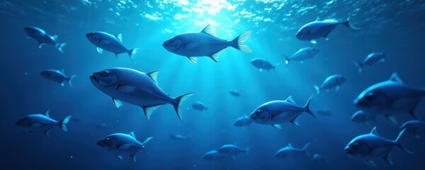 Fototapeta premium A mesmerizing underwater scene featuring a school of fish swimming gracefully in shimmering blue waters, illuminated by shafts of sunlight.