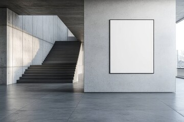 Obraz premium Interior of modern gallery with empty poster on concrete wall. AI generated illustration.
