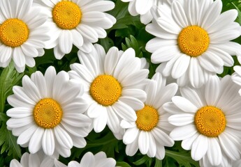 Fototapeta premium Close Up of White Daisies with Yellow Centers and Green Leaves