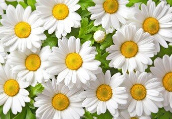 Obraz premium Close Up of White Daisies with Yellow Centers and Green Leaves