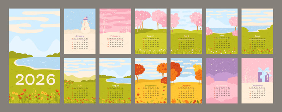 Calendar 2026 minimalist landscape natural of four seasons. Flat cartoon illustration backgrounds. Seasonal art simple stylized design winter, spring, summer and autumn. Set 12 months editable vector