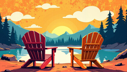 Vibrant Adirondack chairs by serene lake at sunset, relaxation concept