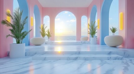 Serene Coastal Interior with Soft Pastel Colors and Natural Light