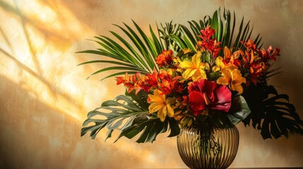 A lush tropical flower bouquet with bright red and yellow blooms, surrounded by striking palm fronds