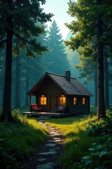 Secluded cabin, nestled amongst towering trees , rustic, wild