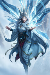 Magical Queen of Ice, Fantasy Sorcerer Girl with long white hair, and a white kimono is holding a mighty ice Orb in her left hand. Motion Shot, 9:16 Cardgame