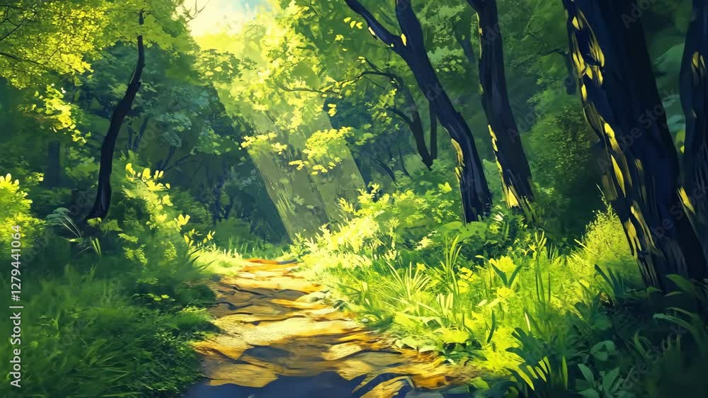 Poster sunlight filters through a lush green forest path inviting exploration and tranquility during early 