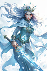 Magical Queen of Ice, Fantasy Girl with long white hair is holding a mighty magical soword of ice in her right hand. Motion Shot, 9:16 Cardgame. White Backdrop