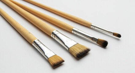 Fototapeta premium Three paintbrushes are arranged neatly on a white background, showcasing their different sizes and shapes.