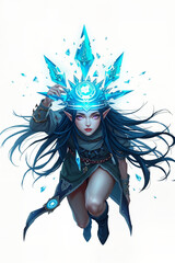 Anime night elf Girl flies with long black hair, and a magical ice crown. Cardgame, 9:16, white backdrop