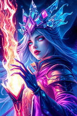 Fantasy sorcerer Girl with long white hair, deep blue glowing eyes and a magical crystal crown is touching her sword made of energy. Cardgame, 9:16, white backdrop
