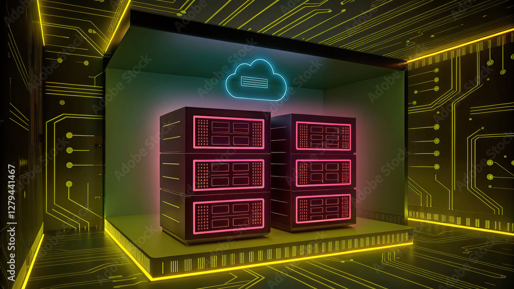 Poster futuristic cloud storage concept with glowing servers and circuit patterns