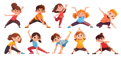 children doing exercises cartoon. child warming up, girl boy warm-up exercise stretching gymnastics sport fitness school physical education vector illustration