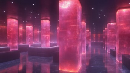 Modern abstract interior with glowing pink pillars and reflections