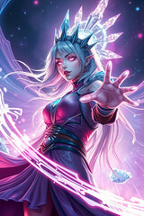 Magical Queen of Ice, Anime Girl with long white hair, red glowing eyes and a beautiful dress is wearing a ice crown on a galaxy background. Motion Shot, 9:16 Cardgame