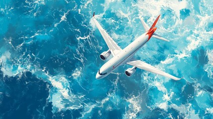 Fototapeta premium Plane flying high above, viewed from above, clean vector style, dynamic travel concept in blue skies