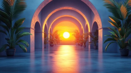 Serene Sunset Reflection in an Archway with Lush Greenery and Light