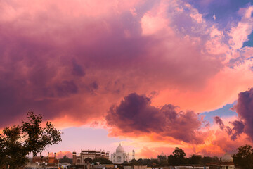 Taj Mahal in Agra, Uttar Pradesh, India. Seven 7 world wonders. Fabulous Taj mahal travel concept. indian islamic heritage at sunrise early morning. nobody