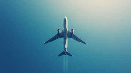 Simplistic flat design of an airplane in flight, viewed aerially, with bright blue sky backdrop