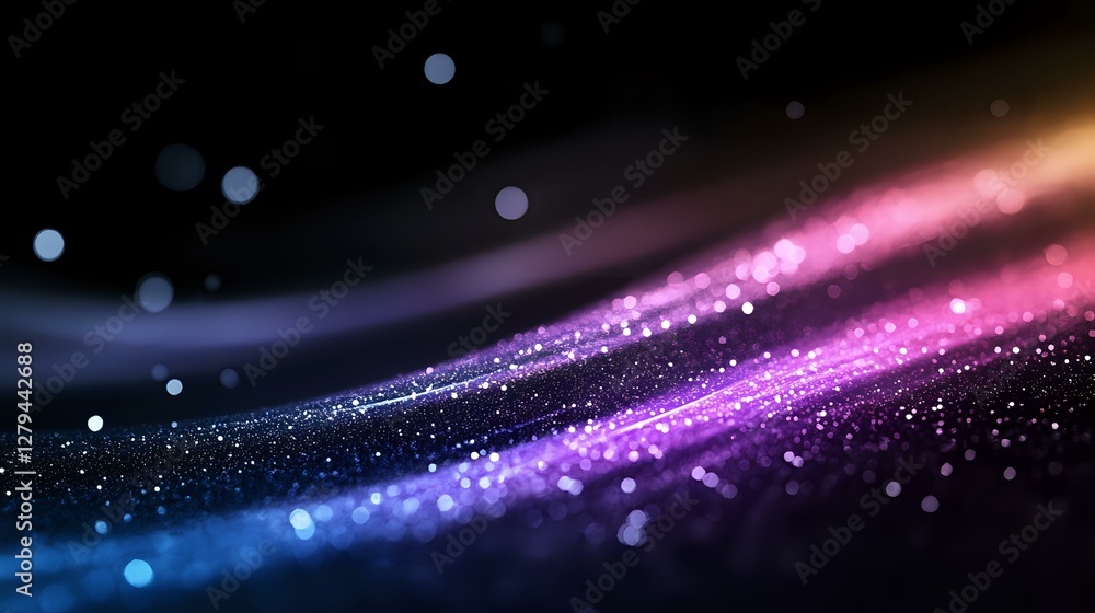Poster magical glowing particles flow in pink and blue waves against dark background, creating dynamic moti