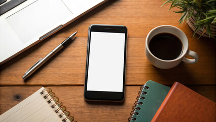 digital marketing advertising metrics smartphone on wooden desk with coffee cup, notebook, and laptop