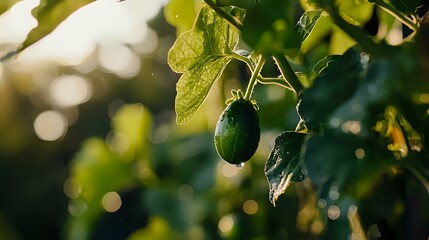 Fototapeta premium Fresh green cucumber growing on vine with natural bokeh background and sunlight, closeup view of organic vegetable garden produce in summer season.