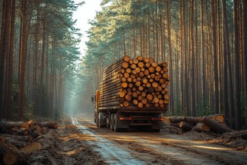 Lumber truck carrying logs on a forest road at sunrise.  Beautiful scenic view of forestry and transportation.