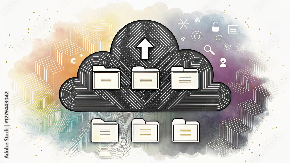 Poster abstract infographic of cloud storage with folders and upload symbol, showcasing digital organizatio