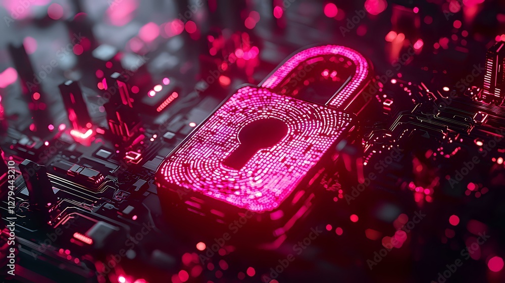 Poster glowing pink digital padlock on circuit board with cybersecurity concept visualization. abstract tec
