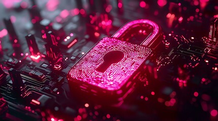 Glowing pink digital padlock on circuit board with cybersecurity concept visualization. Abstract technology background with data protection symbolism.
