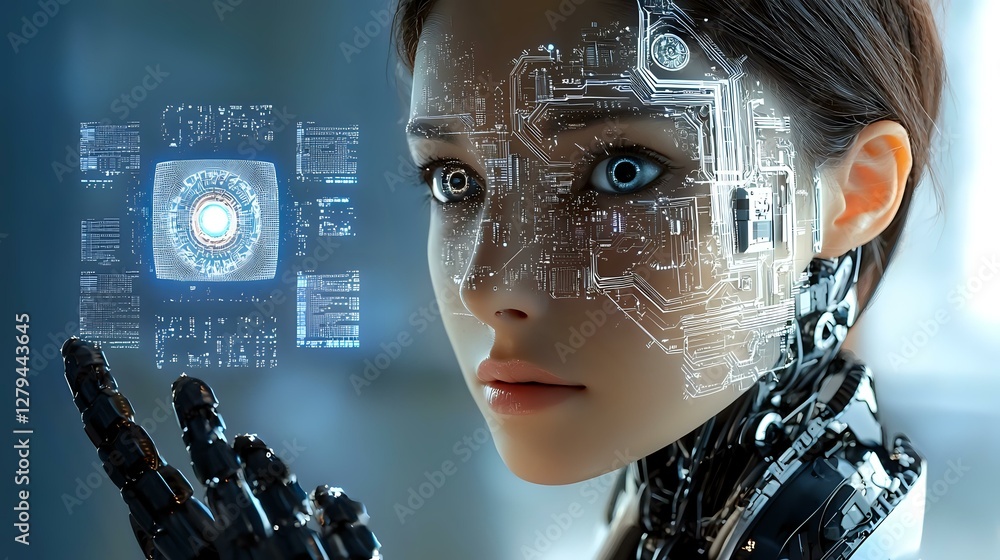 Poster female cyborg with glowing circuit patterns on face gazes at holographic interface display against b