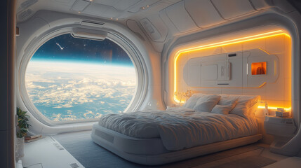 3D, Photo realistic, high quality, A bed in space inside a modern space station, designed with sleek, futuristic aesthetics. The bed is cushy and covered with soft, inviting bedding.