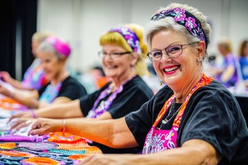 Elderly caucasian women smiling and crafting together in colorful attire