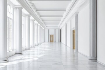 Light spacious presentation hall with columns and white walls. AI generated illustration.