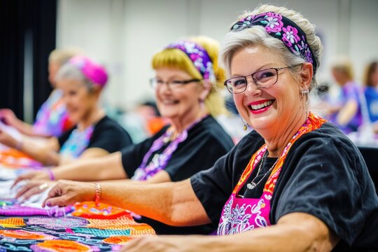 Elderly caucasian women smiling and crafting together in colorful attire
