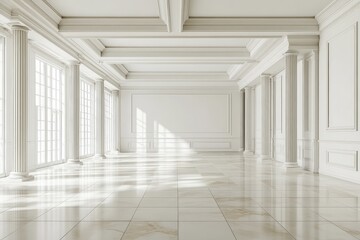 Fototapeta premium Light spacious presentation hall with columns and white walls. AI generated illustration.