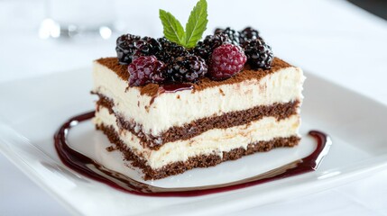 Delicious Tiramisu slice on white plate, dessert, gourmet